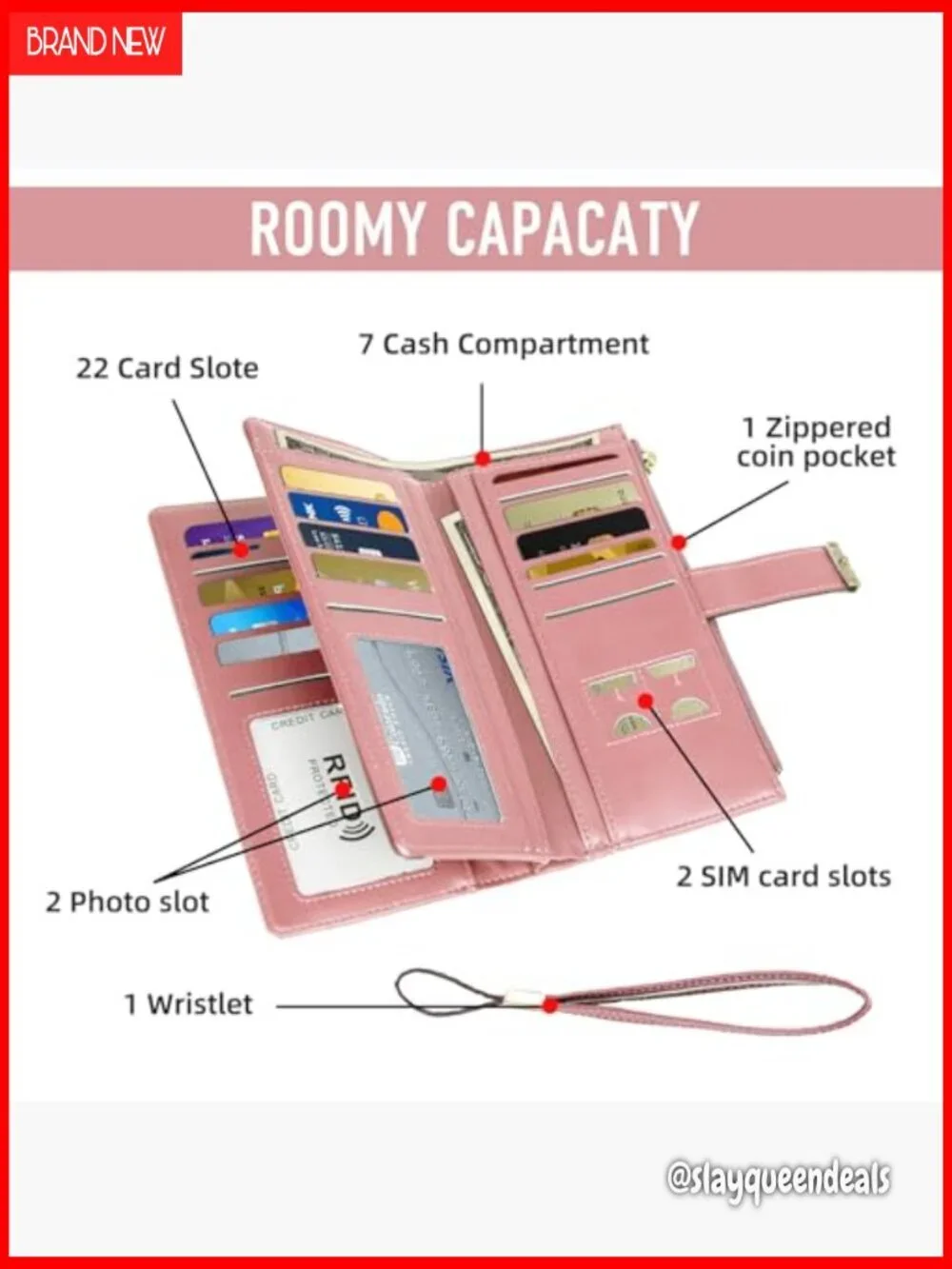 Large Capacity RFID Blocking Trifold Wallet with Wristlet and Coin Pockets